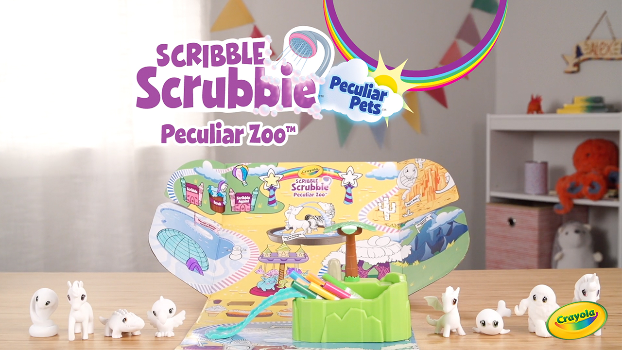 Scribble Scrubbie Peculiar Pets Rainbow Tub Set Color and Clean adorable little pets.  One pet in tub being washed under cloud shower.